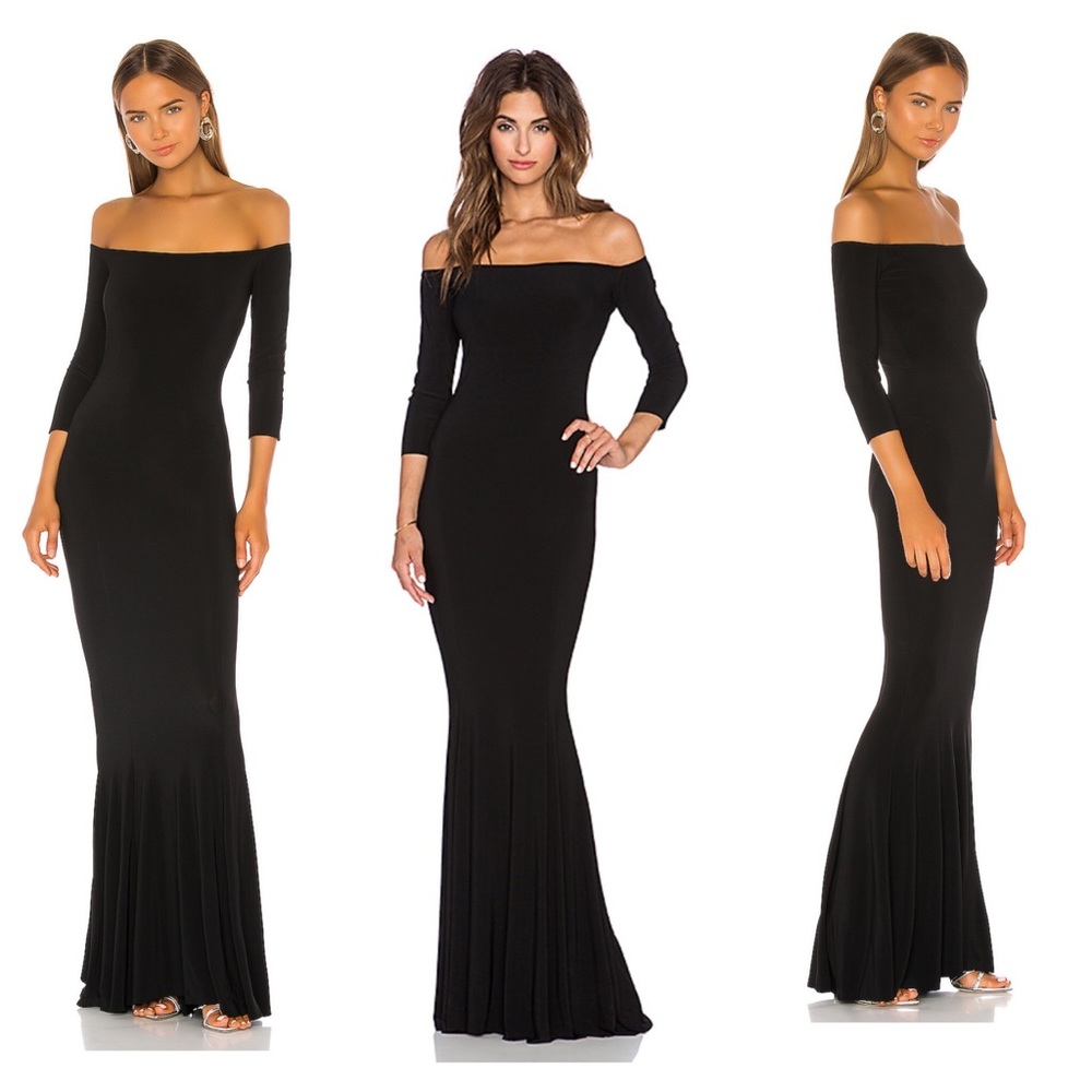NWT Norma Kamali black velvet off shoulder gown